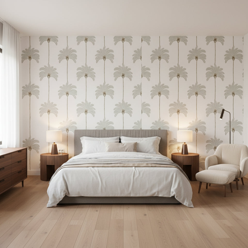 SUNSET BOULEVARD Metallic Silver | Thibaut Wallcoverings - Bedroom Visualization (AI-generated, may not be to scale. Verify pattern scale with product specifications.)
