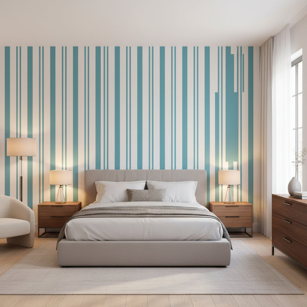 Maggie Stripe Teal | Thibaut Wallcoverings - Bedroom Visualization (AI-generated, may not be to scale. Verify pattern scale with product specifications.)
