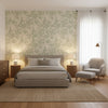 Empress Court Mist | Thibaut Wallcoverings - Bedroom Visualization (AI-generated, may not be to scale. Verify pattern scale with product specifications.)