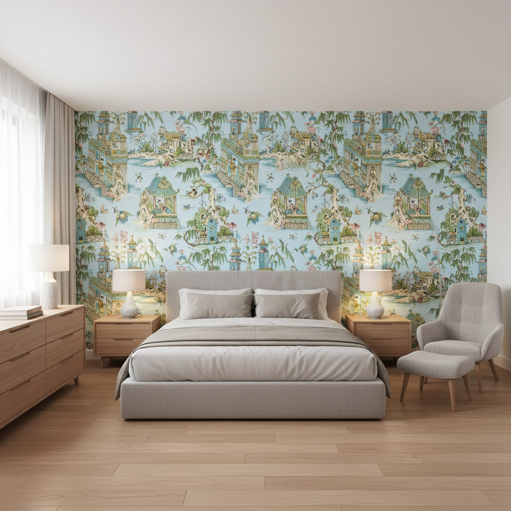 Grand Palace Spa Blue | Thibaut Wallcoverings - Bedroom Visualization (AI-generated, may not be to scale. Verify pattern scale with product specifications.)
