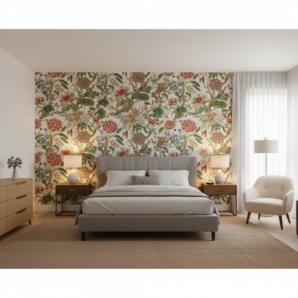 Hill Garden Flax | Thibaut Wallcoverings - Bedroom Visualization (AI-generated, may not be to scale. Verify pattern scale with product specifications.)