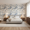 Katsura Blue and White | Thibaut Wallcoverings - Bedroom Visualization (AI-generated, may not be to scale. Verify pattern scale with product specifications.)