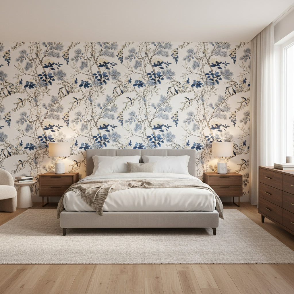 Katsura Blue and White | Thibaut Wallcoverings - Bedroom Visualization (AI-generated, may not be to scale. Verify pattern scale with product specifications.)