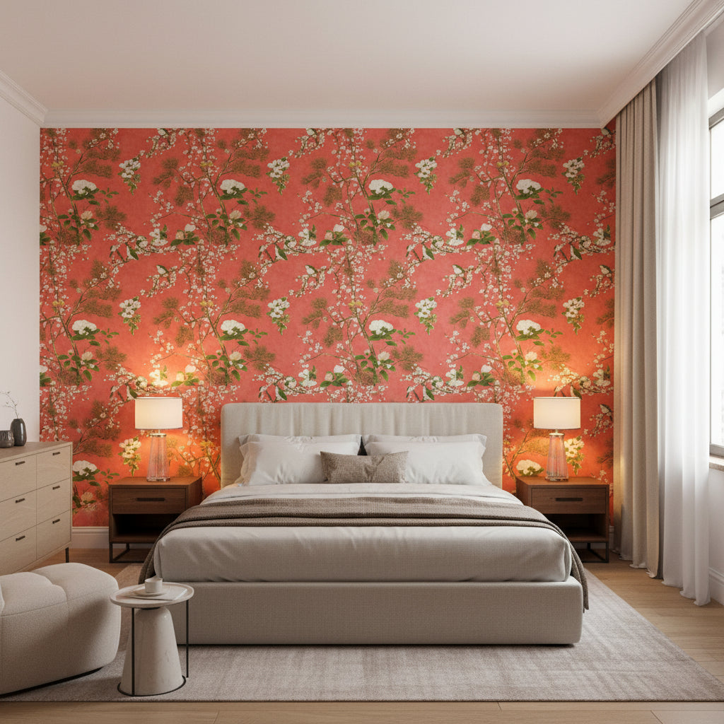 Katsura Coral | Thibaut Wallcoverings - Bedroom Visualization (AI-generated, may not be to scale. Verify pattern scale with product specifications.)