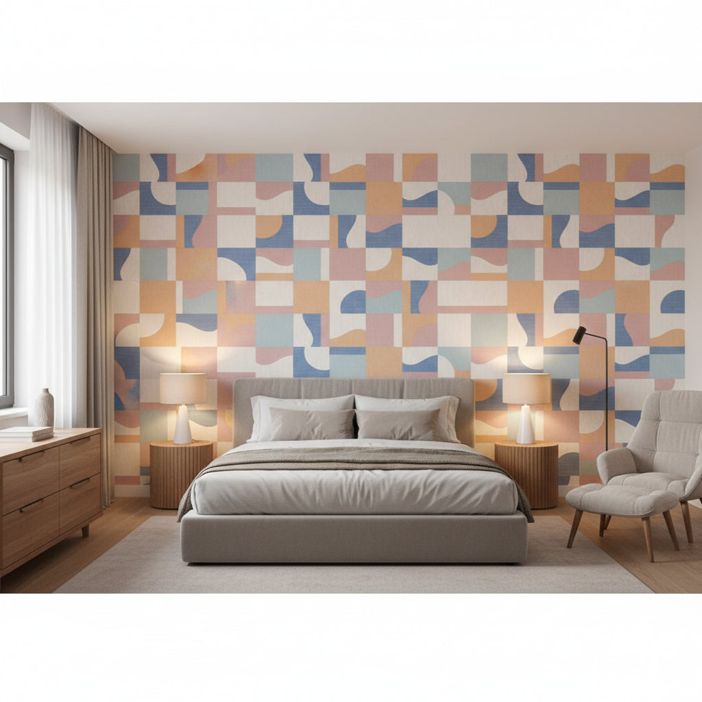 Colored Blocks Multi | Thibaut Wallcoverings - Bedroom Visualization (AI-generated, may not be to scale. Verify pattern scale with product specifications.)
