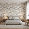 Colored Blocks Beige | Thibaut Wallcoverings - Bedroom Visualization (AI-generated, may not be to scale. Verify pattern scale with product specifications.)