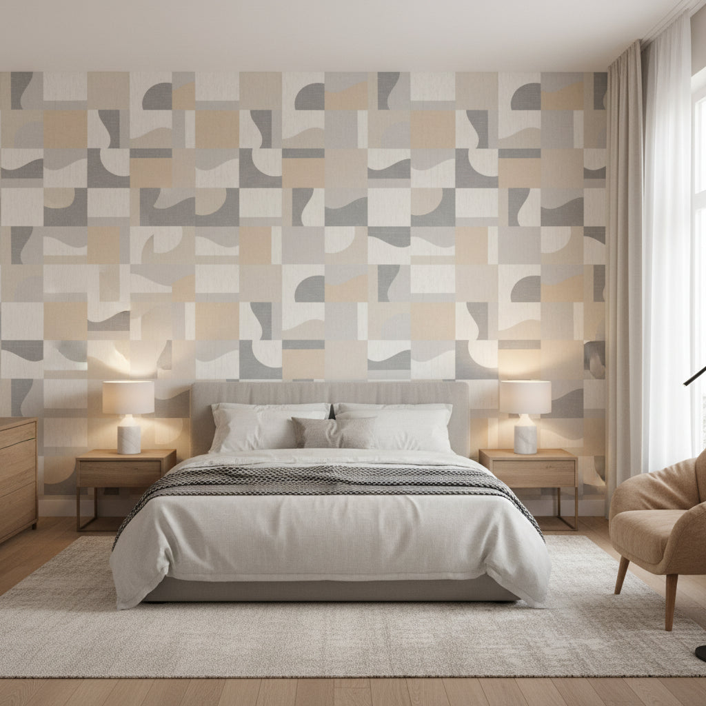 Colored Blocks Beige | Thibaut Wallcoverings - Bedroom Visualization (AI-generated, may not be to scale. Verify pattern scale with product specifications.)
