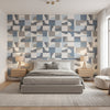 Colored Blocks Blue | Thibaut Wallcoverings - Bedroom Visualization (AI-generated, may not be to scale. Verify pattern scale with product specifications.)