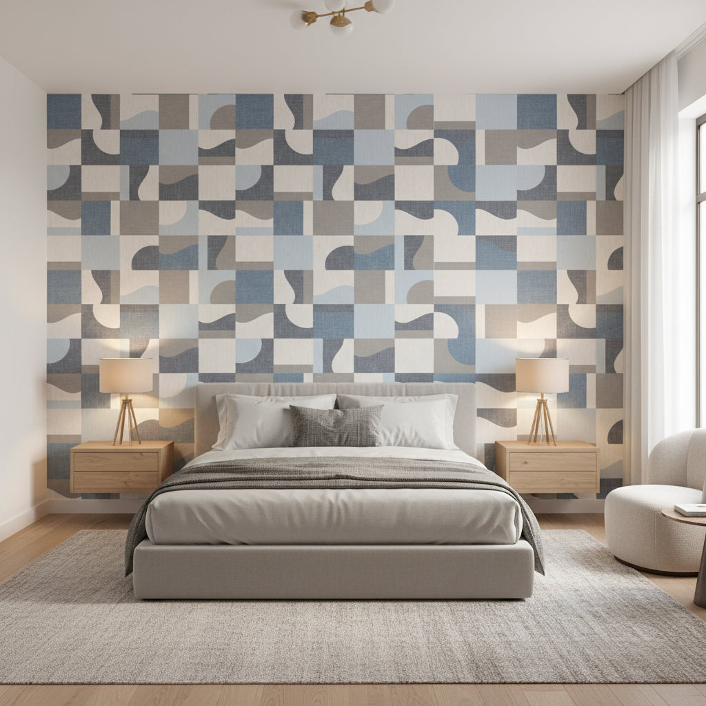 Colored Blocks Blue | Thibaut Wallcoverings - Bedroom Visualization (AI-generated, may not be to scale. Verify pattern scale with product specifications.)