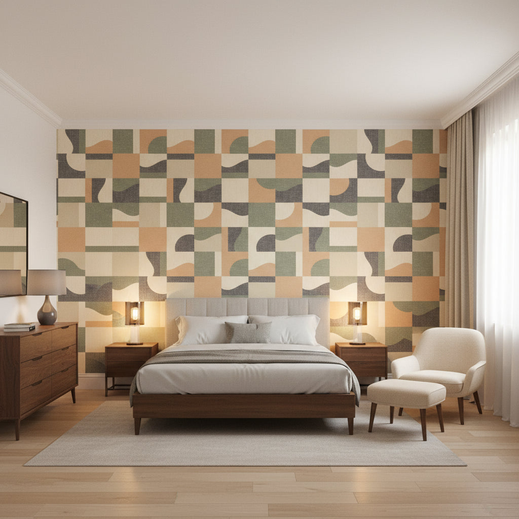 Colored Blocks Green | Thibaut Wallcoverings - Bedroom Visualization (AI-generated, may not be to scale. Verify pattern scale with product specifications.)