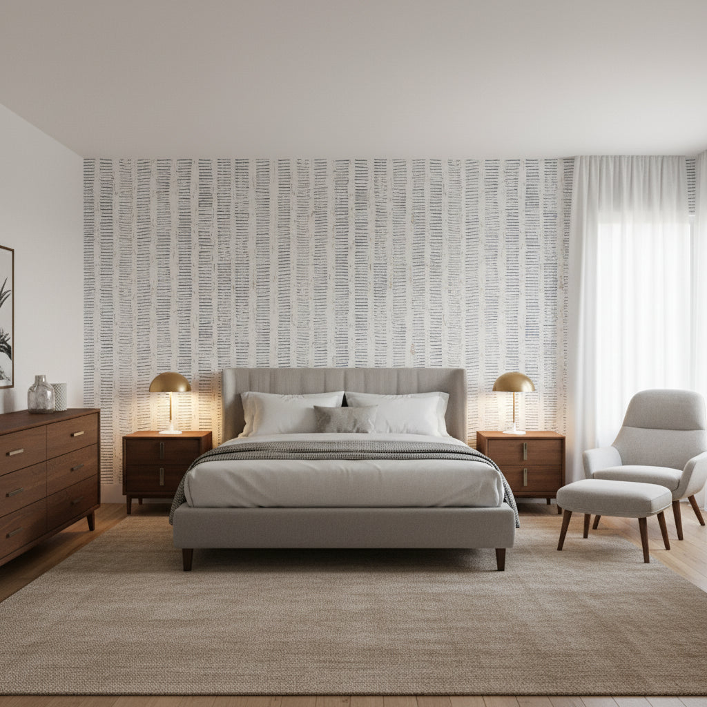 Cork Forest Navy and White | Thibaut Wallcoverings - Bedroom Visualization (AI-generated, may not be to scale. Verify pattern scale with product specifications.)