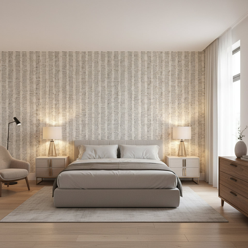 Cork Forest Beige | Thibaut Wallcoverings - Bedroom Visualization (AI-generated, may not be to scale. Verify pattern scale with product specifications.)