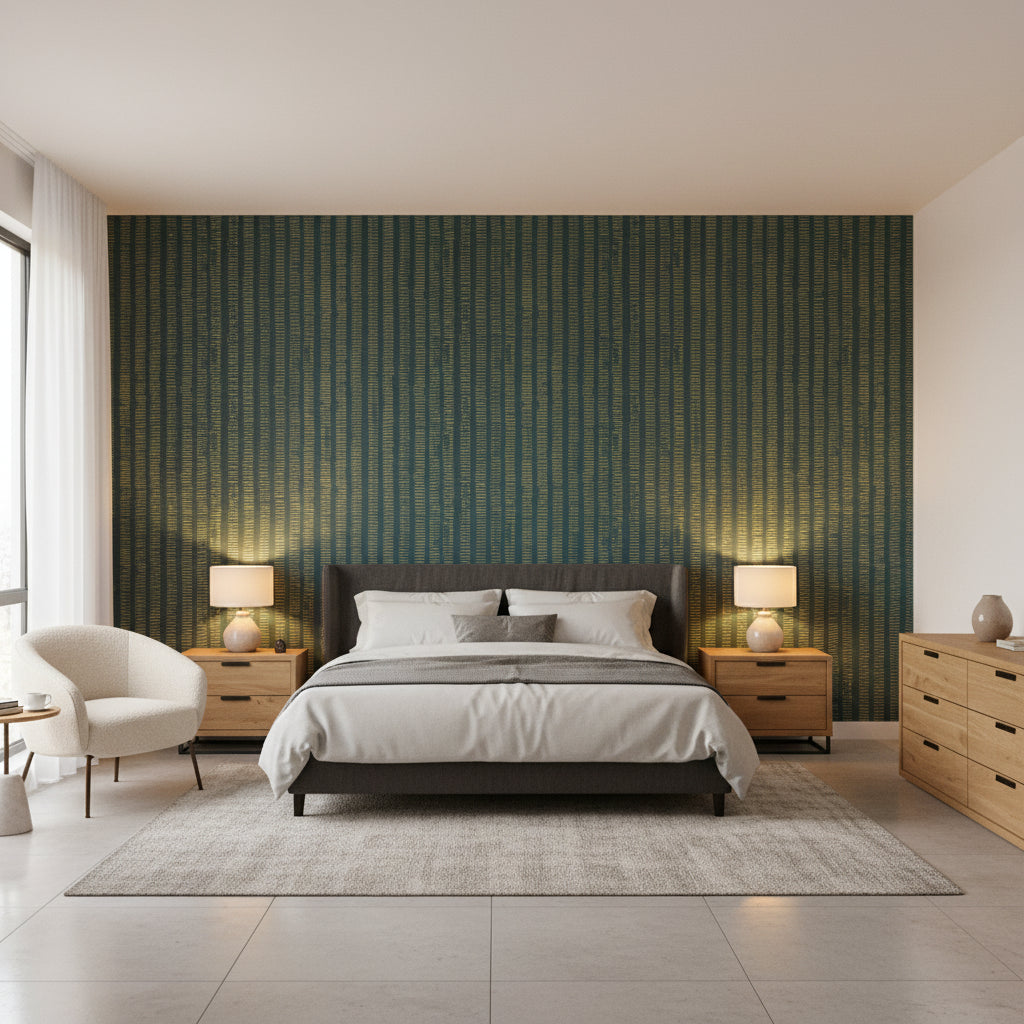 Cork Forest Peacock Blue | Thibaut Wallcoverings - Bedroom Visualization (AI-generated, may not be to scale. Verify pattern scale with product specifications.)