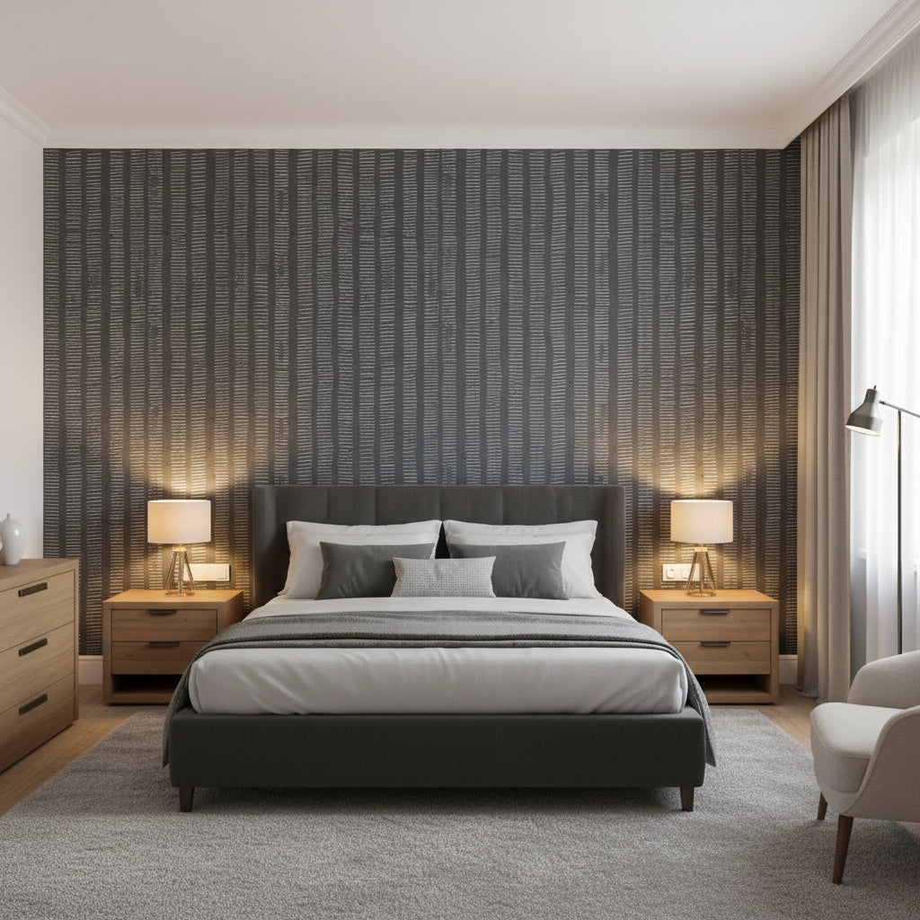Cork Forest Charcoal | Thibaut Wallcoverings - Bedroom Visualization (AI-generated, may not be to scale. Verify pattern scale with product specifications.)