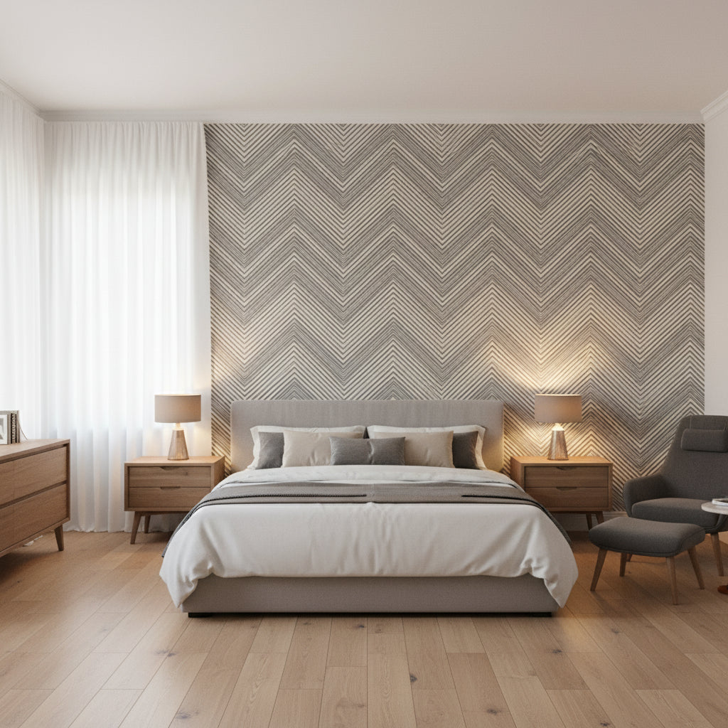 Elevation Black and Grey | Thibaut Wallcoverings - Bedroom Visualization (AI-generated, may not be to scale. Verify pattern scale with product specifications.)
