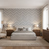 Elevation Black and White | Thibaut Wallcoverings - Bedroom Visualization (AI-generated, may not be to scale. Verify pattern scale with product specifications.)