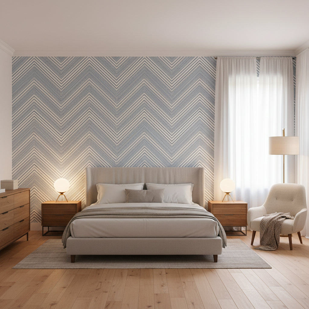 Elevation Blue and White | Thibaut Wallcoverings - Bedroom Visualization (AI-generated, may not be to scale. Verify pattern scale with product specifications.)