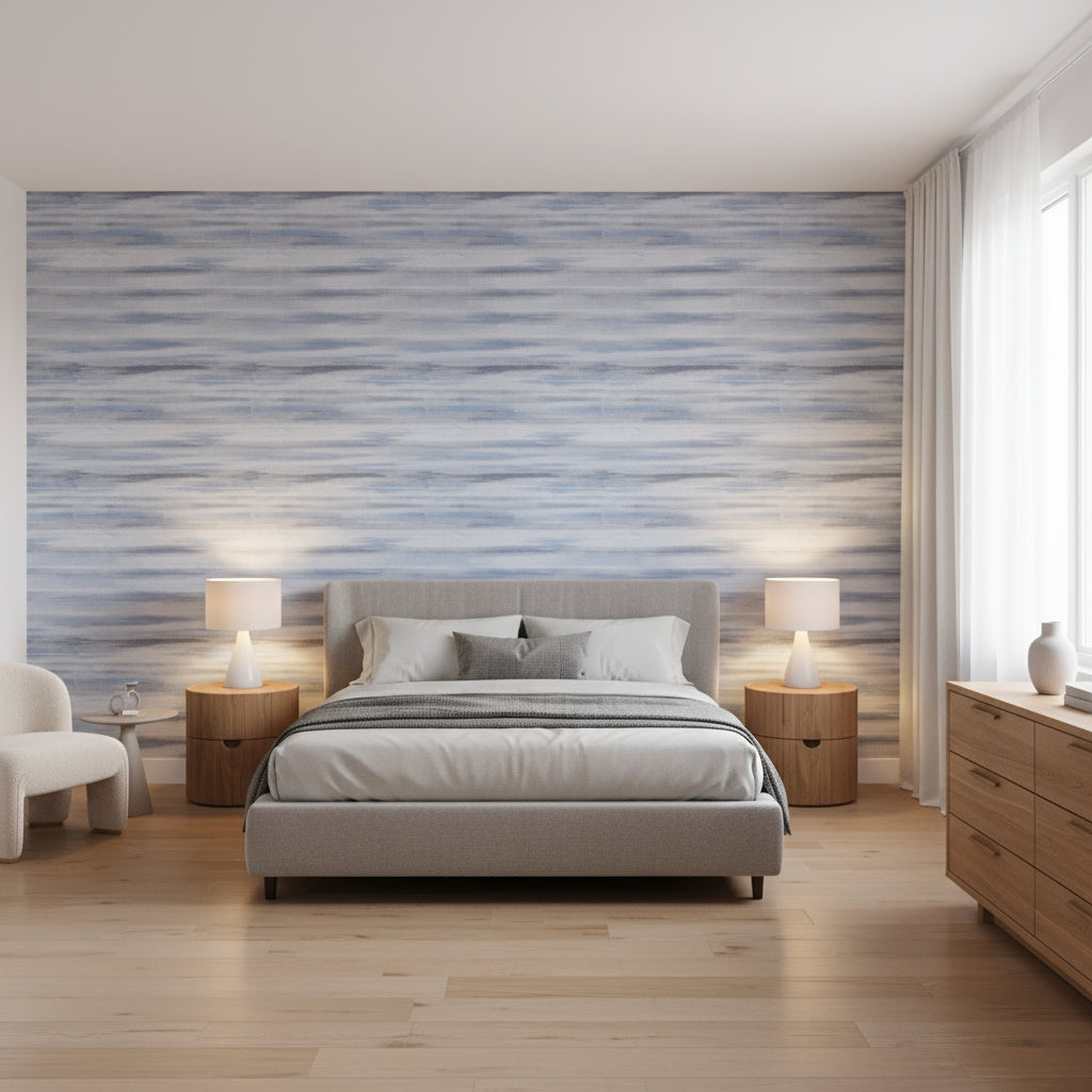 Equinox Blue and White | Thibaut Wallcoverings - Bedroom Visualization (AI-generated, may not be to scale. Verify pattern scale with product specifications.)