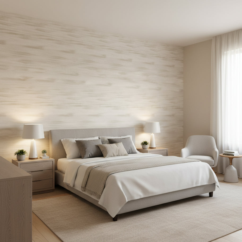 Equinox Beige | Thibaut Wallcoverings - Bedroom Visualization (AI-generated, may not be to scale. Verify pattern scale with product specifications.)