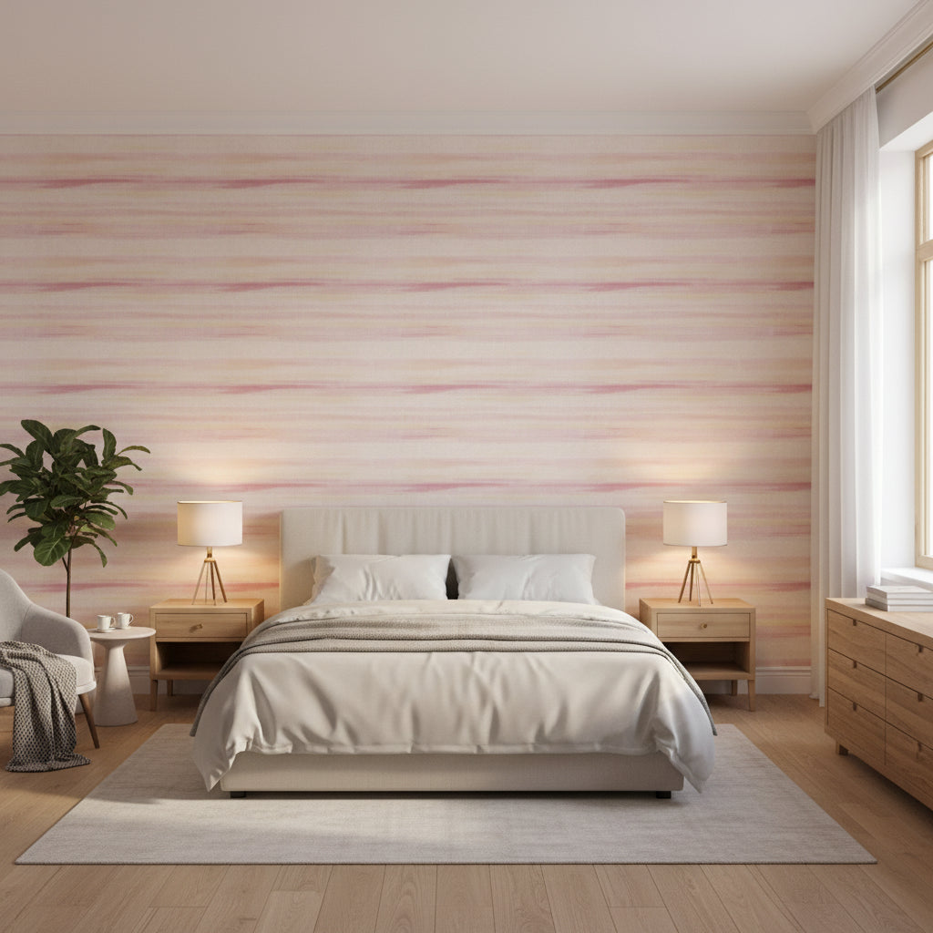 Equinox Pink and Yellow | Thibaut Wallcoverings - Bedroom Visualization (AI-generated, may not be to scale. Verify pattern scale with product specifications.)
