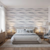 Equinox Lavender and Teal | Thibaut Wallcoverings - Bedroom Visualization (AI-generated, may not be to scale. Verify pattern scale with product specifications.)