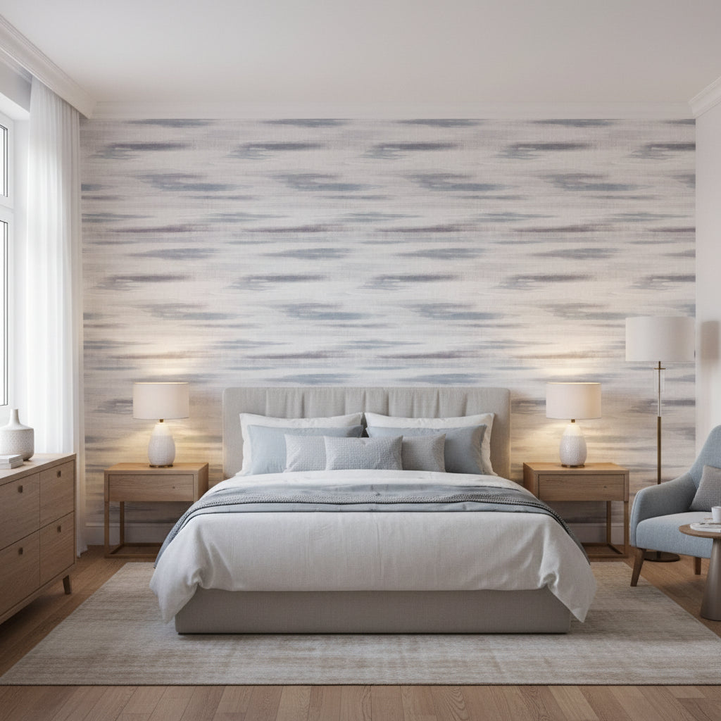 Equinox Lavender and Teal | Thibaut Wallcoverings - Bedroom Visualization (AI-generated, may not be to scale. Verify pattern scale with product specifications.)