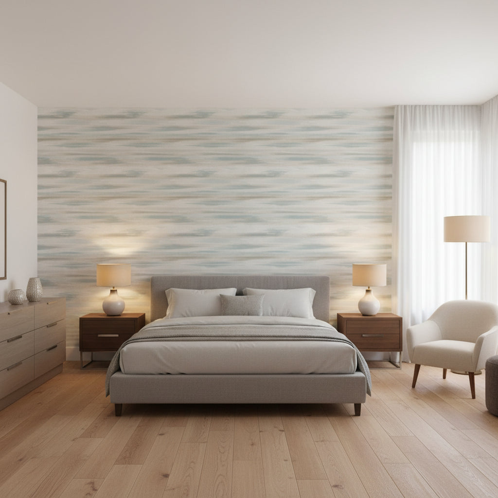 Equinox Spa Blue and Beige | Thibaut Wallcoverings - Bedroom Visualization (AI-generated, may not be to scale. Verify pattern scale with product specifications.)