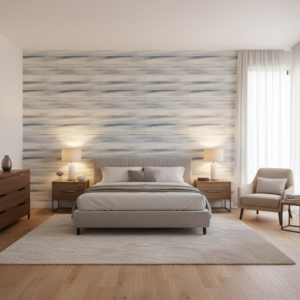 Equinox Blue and Beige | Thibaut Wallcoverings - Bedroom Visualization (AI-generated, may not be to scale. Verify pattern scale with product specifications.)