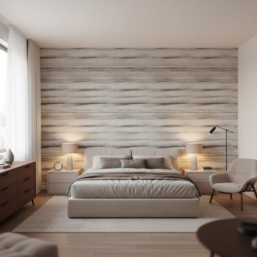 Equinox Black | Thibaut Wallcoverings - Bedroom Visualization (AI-generated, may not be to scale. Verify pattern scale with product specifications.)