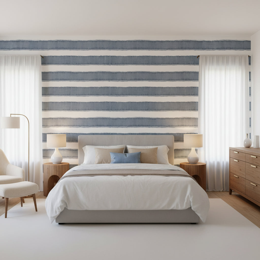 Mizu Stripe Slate Blue | Thibaut Wallcoverings - Bedroom Visualization (AI-generated, may not be to scale. Verify pattern scale with product specifications.)