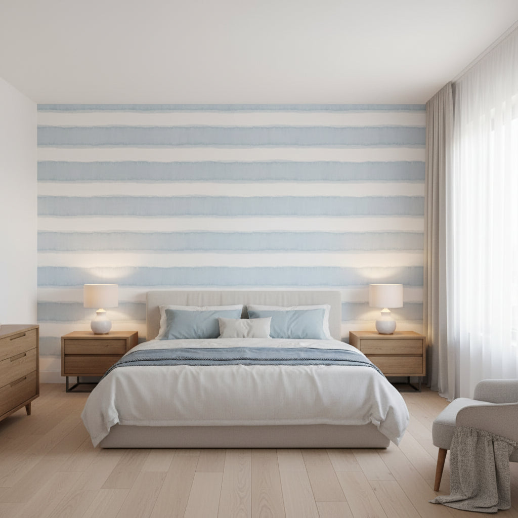 Mizu Stripe Spa Blue | Thibaut Wallcoverings - Bedroom Visualization (AI-generated, may not be to scale. Verify pattern scale with product specifications.)