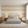 Mizu Stripe Wheat | Thibaut Wallcoverings - Bedroom Visualization (AI-generated, may not be to scale. Verify pattern scale with product specifications.)