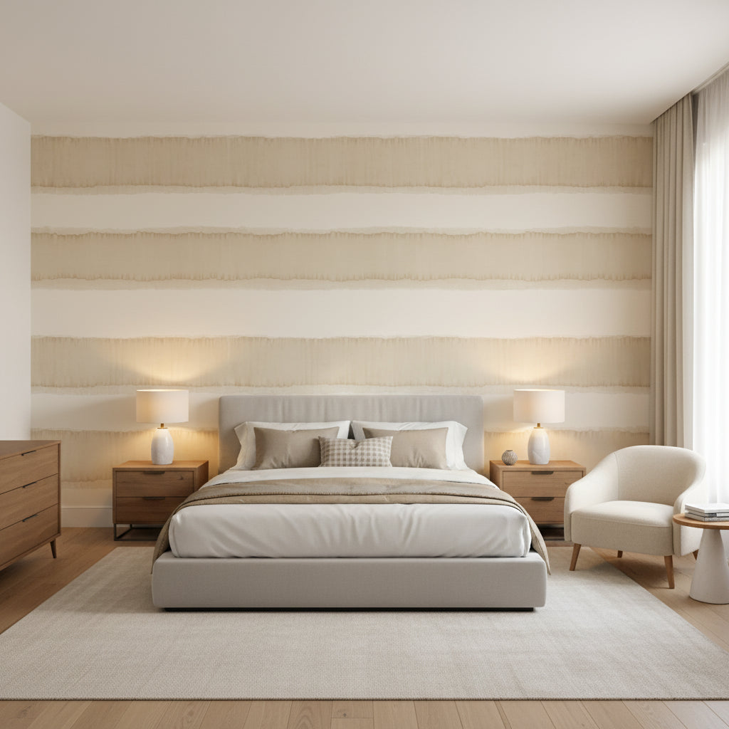 Mizu Stripe Wheat | Thibaut Wallcoverings - Bedroom Visualization (AI-generated, may not be to scale. Verify pattern scale with product specifications.)