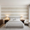 Mizu Stripe Taupe | Thibaut Wallcoverings - Bedroom Visualization (AI-generated, may not be to scale. Verify pattern scale with product specifications.)