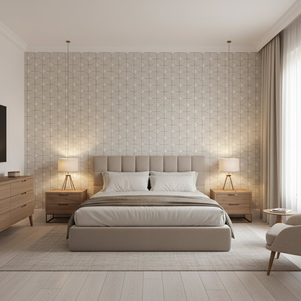 Pergola Black | Thibaut Wallcoverings - Bedroom Visualization (AI-generated, may not be to scale. Verify pattern scale with product specifications.)