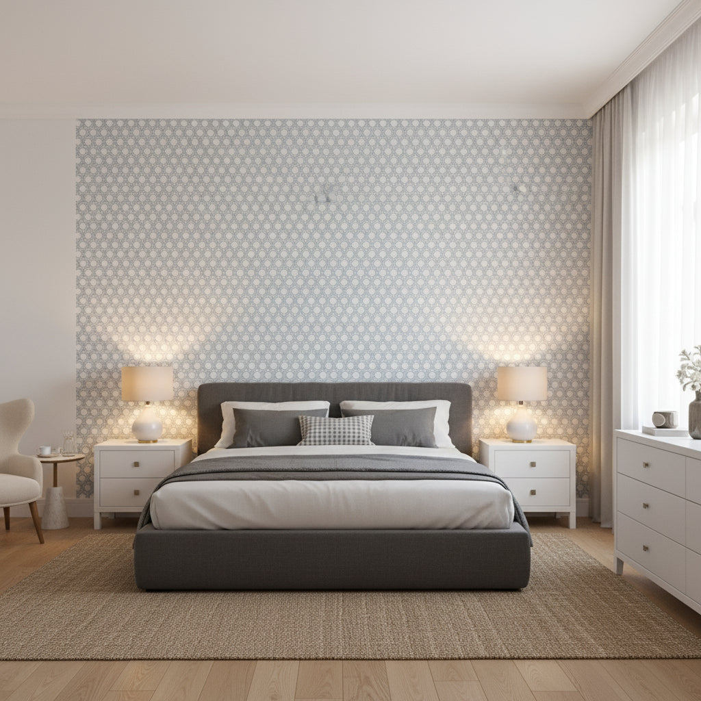 Pergola Navy | Thibaut Wallcoverings - Bedroom Visualization (AI-generated, may not be to scale. Verify pattern scale with product specifications.)