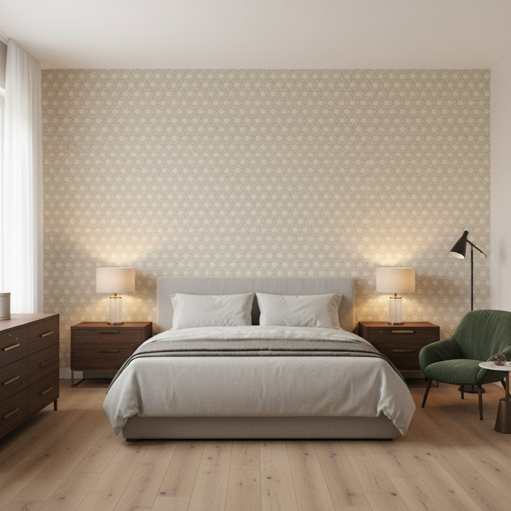 Pergola Brown | Thibaut Wallcoverings - Bedroom Visualization (AI-generated, may not be to scale. Verify pattern scale with product specifications.)