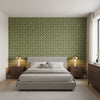 Square Dance Olive Green | Thibaut Wallcoverings - Bedroom Visualization (AI-generated, may not be to scale. Verify pattern scale with product specifications.)