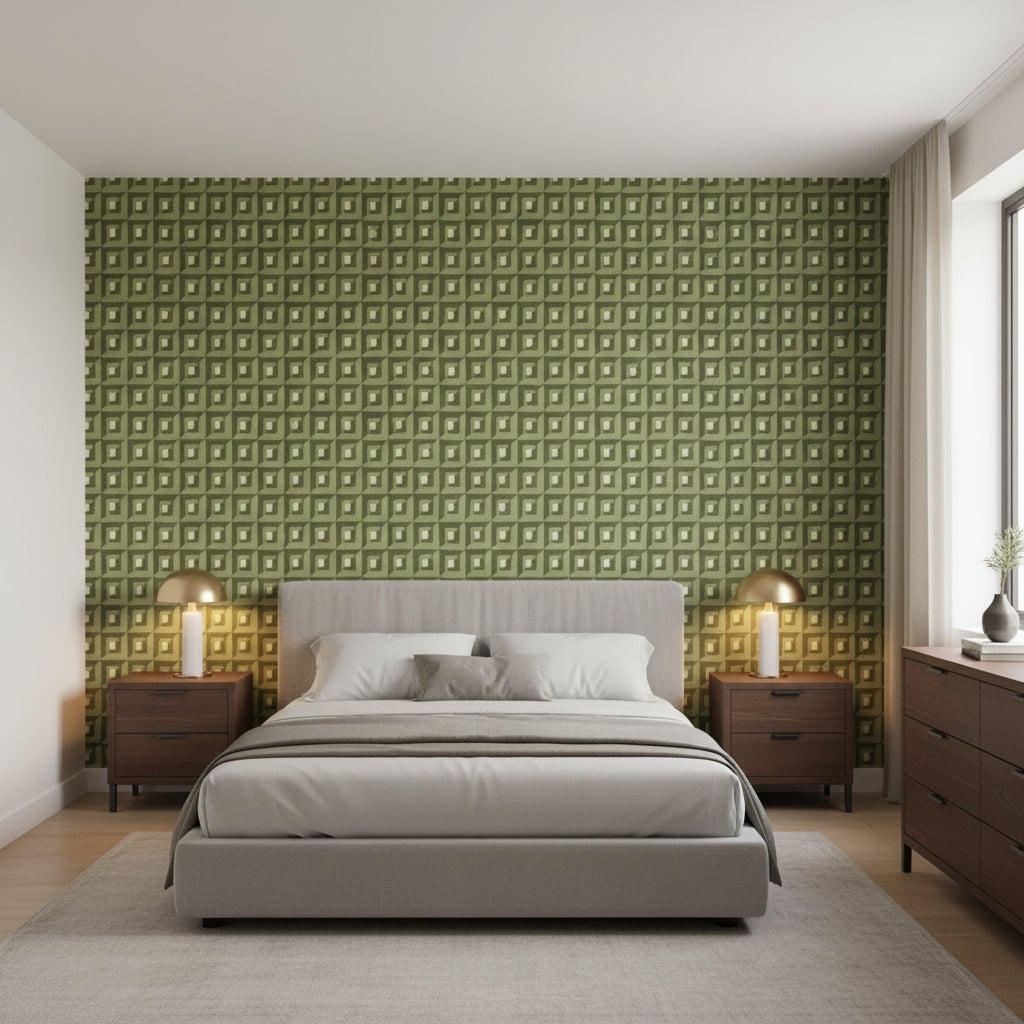 Square Dance Olive Green | Thibaut Wallcoverings - Bedroom Visualization (AI-generated, may not be to scale. Verify pattern scale with product specifications.)