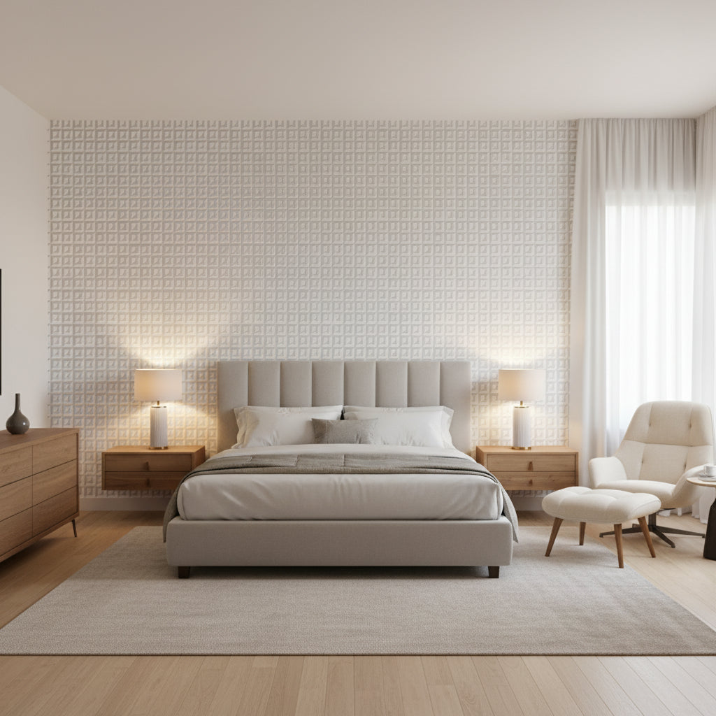 Square Dance Grey | Thibaut Wallcoverings - Bedroom Visualization (AI-generated, may not be to scale. Verify pattern scale with product specifications.)
