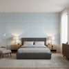 Square Dance Light Blue | Thibaut Wallcoverings - Bedroom Visualization (AI-generated, may not be to scale. Verify pattern scale with product specifications.)