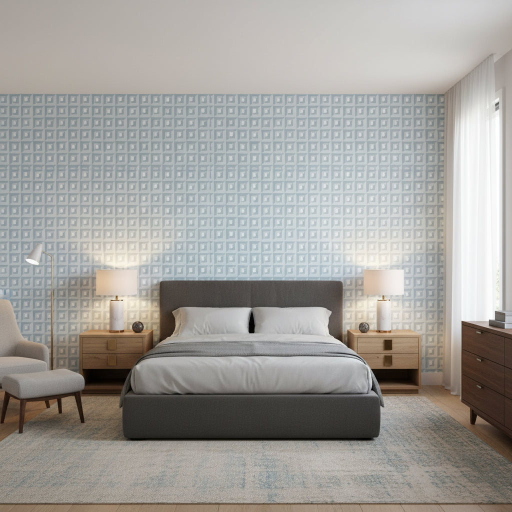 Square Dance Light Blue | Thibaut Wallcoverings - Bedroom Visualization (AI-generated, may not be to scale. Verify pattern scale with product specifications.)