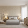 Square Dance Taupe | Thibaut Wallcoverings - Bedroom Visualization (AI-generated, may not be to scale. Verify pattern scale with product specifications.)