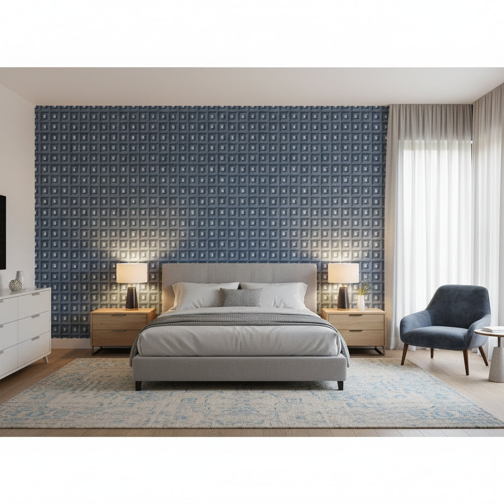 Square Dance Navy | Thibaut Wallcoverings - Bedroom Visualization (AI-generated, may not be to scale. Verify pattern scale with product specifications.)
