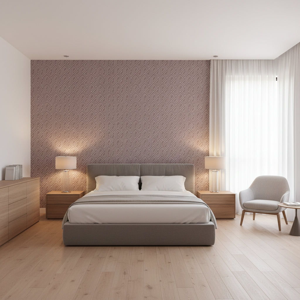 Tortona Taupe | Thibaut Wallcoverings - Bedroom Visualization (AI-generated, may not be to scale. Verify pattern scale with product specifications.)