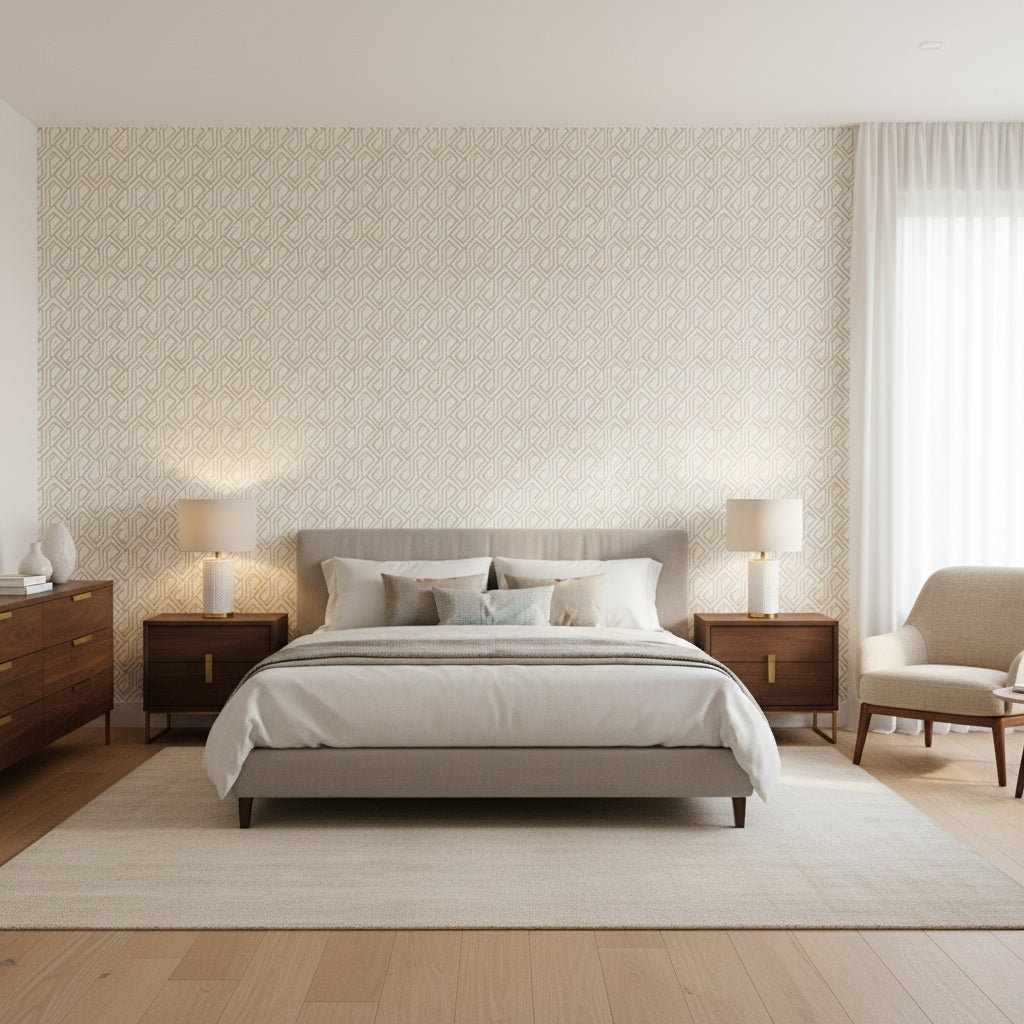 Tortona Metallic Gold on Cream | Thibaut Wallcoverings - Bedroom Visualization (AI-generated, may not be to scale. Verify pattern scale with product specifications.)