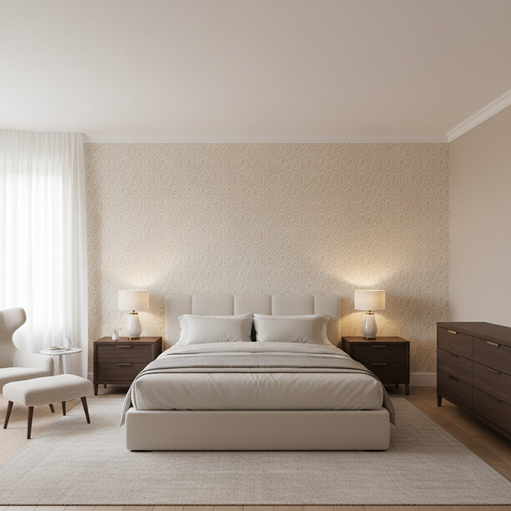 Tortona Beige | Thibaut Wallcoverings - Bedroom Visualization (AI-generated, may not be to scale. Verify pattern scale with product specifications.)