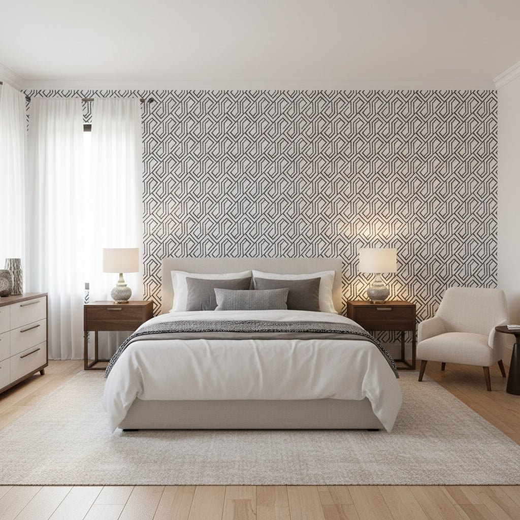 Tortona Black and White | Thibaut Wallcoverings - Bedroom Visualization (AI-generated, may not be to scale. Verify pattern scale with product specifications.)