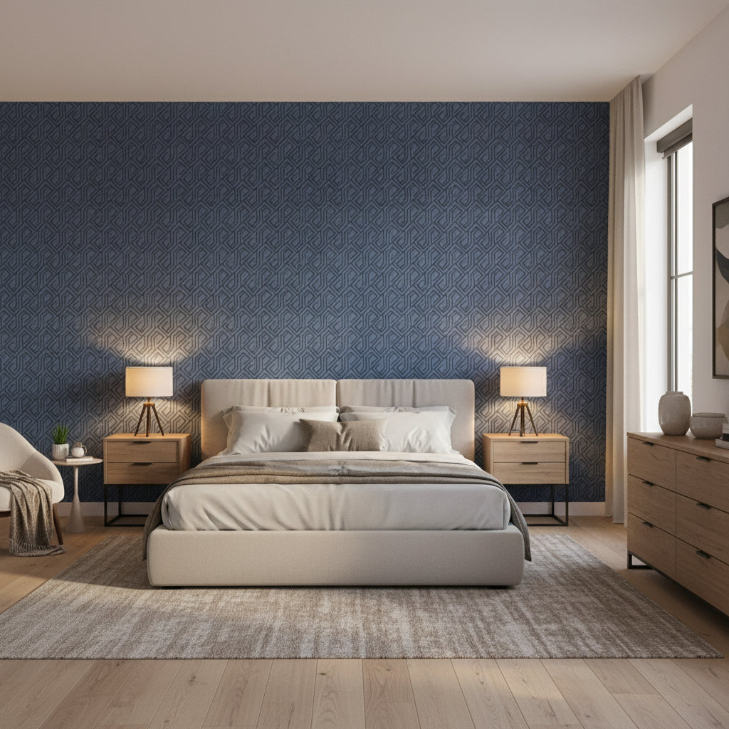 Tortona Navy | Thibaut Wallcoverings - Bedroom Visualization (AI-generated, may not be to scale. Verify pattern scale with product specifications.)
