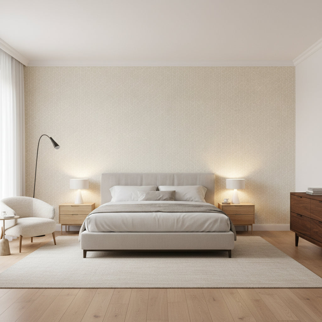 Twilight Beige | Thibaut Wallcoverings - Bedroom Visualization (AI-generated, may not be to scale. Verify pattern scale with product specifications.)